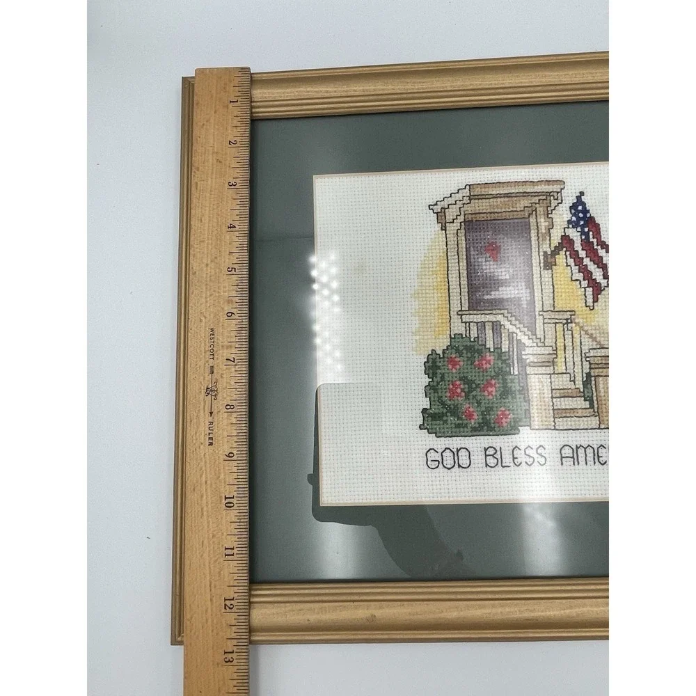 Vtg. Framed Patriotic Cross Stitch 12.75